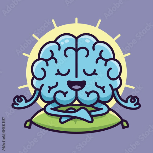 Cute cartoon brain meditating peacefully on a cushion.