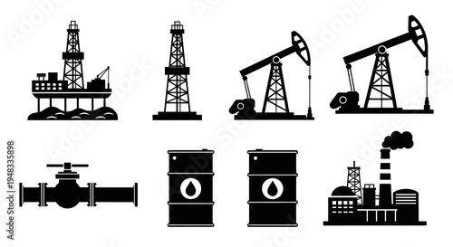 Oil Industry Icons: Rig, Pumpjack, Valve, Barrel, Factory, Black  White