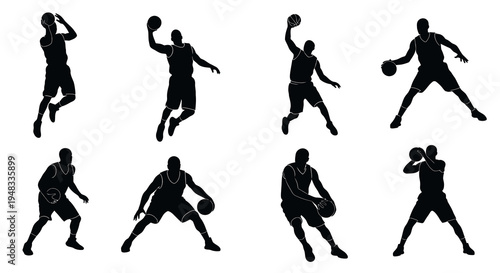 Black  White Silhouette Basketball Player Poses Vector