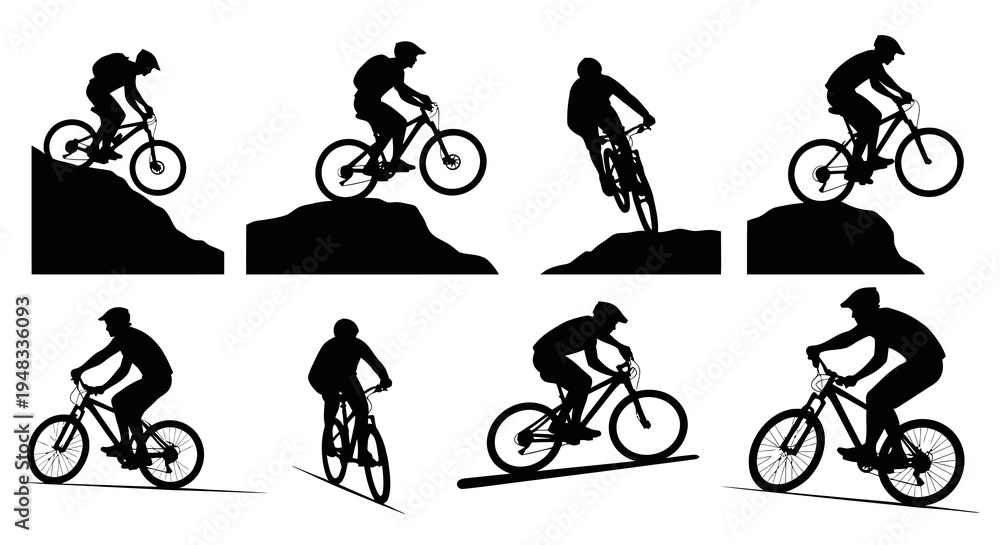 Obraz premium Black and White Mountain Biking Silhouettes - Extreme Sports Action