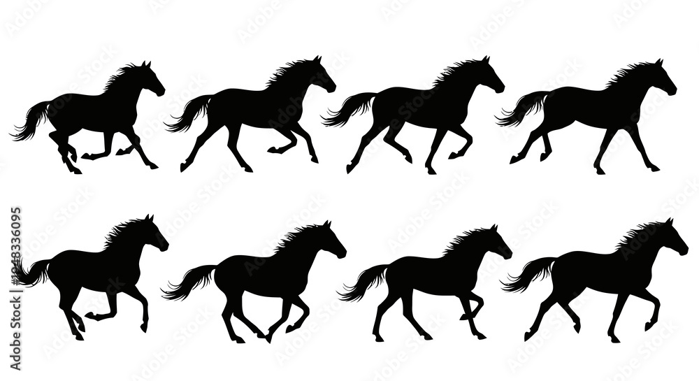 Obraz premium Eight Black Horse Silhouettes Running In Row On White Background