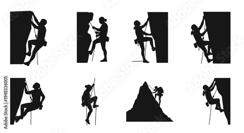 Black Silhouette Rock Climbing - Adventure Sport Vector Art