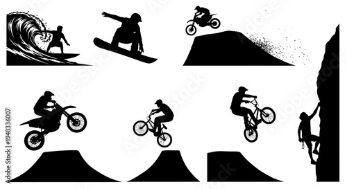 Extreme Sports Silhouettes: Surfing, Snowboarding, Motocross, BMX, Climbing, Vector Art
