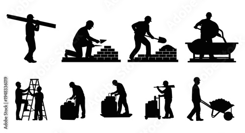 Construction Worker Silhouettes: Building, Transporting, Masonry, Labor