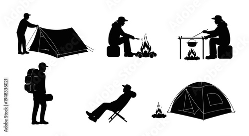 Camping Silhouettes: Tents, Campfire, Backpacking, Outdoor Activity