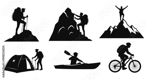 Black and white icons of outdoor adventure activities - hiking, camping, kayaking, cycling