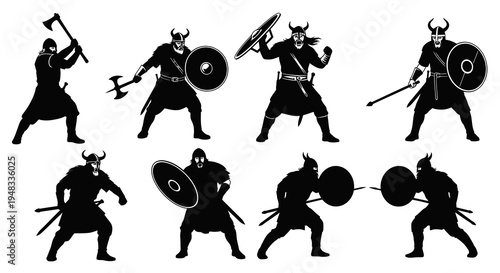 Black  White Vector Icons of Vikings with Shields and Axes