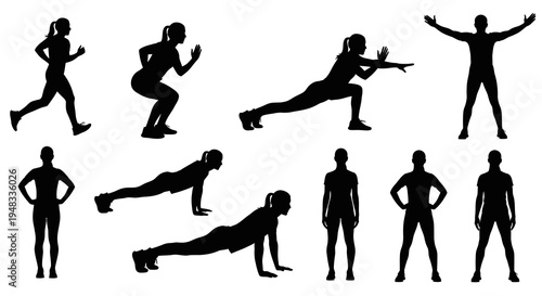Black Silhouette of Women and Men Exercising, Fitness  Health Icons