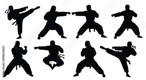 Karate martial arts silhouettes, black and white fighting poses, vector graphic