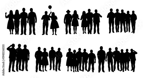 Diverse People Silhouettes Grouped in Crowds, Business  Social Concept, Black and White
