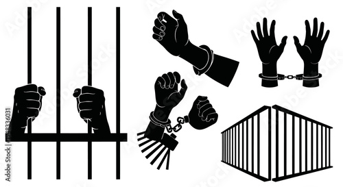 Black and White Icons of Hands in Jail and Handcuffs, Prison Bars