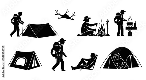 Camping Icons Set: Black and White Stylized Stick Figures in Nature