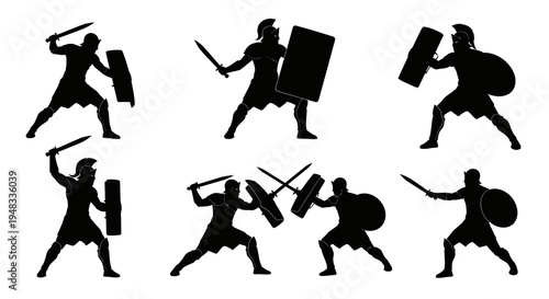 Black Silhouette Warriors with Swords and Shields - Ancient Combat Art