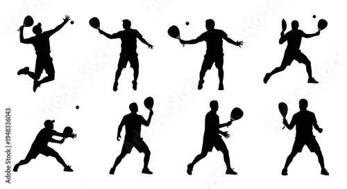 Silhouette Set of Tennis Players in Action with Paddles and Balls