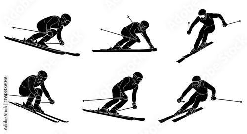 Black and White Silhouettes of Skiers in Action, Sports Vector