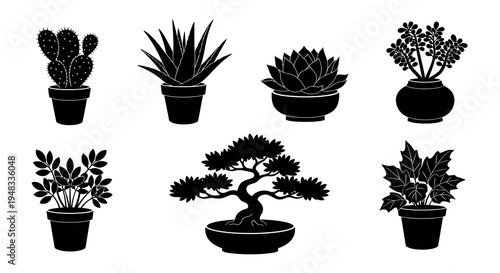 Black and white silhouette vector art of potted plants, home decor icons