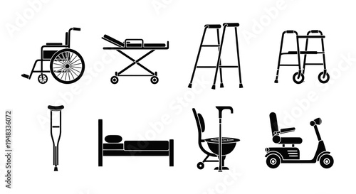 Medical Equipment Icons: Wheelchair, Stretcher, Crutches, Bed, Walkers, Scooter