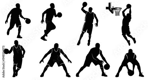 Black and White Silhouettes of Basketball Players in Action