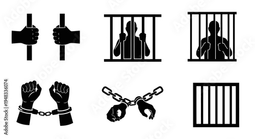Prison Bars Icons: Imprisonment, Captivity, Arrest, Jail, Handcuffs, Chains