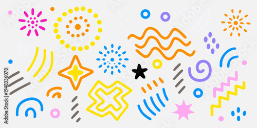 Colorful abstract doodles and shapes scattered across a light background