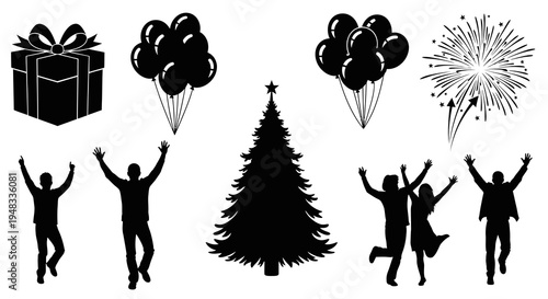 Black Silhouette Christmas Tree, Gifts, Balloons, Fireworks  People Celebrating
