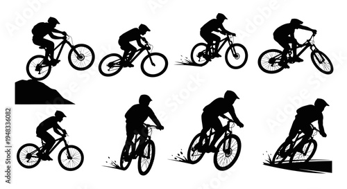 Black  White Silhouettes of Mountain Bikers in Action