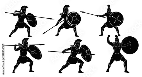 Black  White Silhouette Greek Warrior with Shield and Spear
