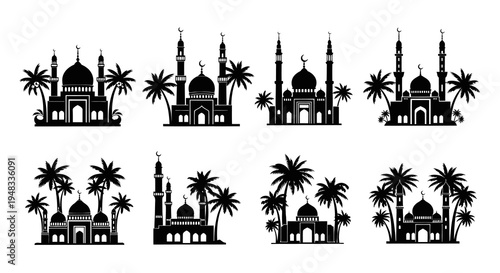 Islamic Mosques and Palm Trees Silhouettes - Black  White Vector Art