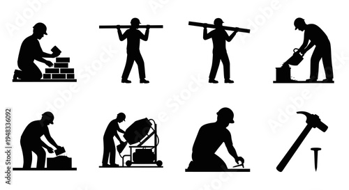 Construction Workers Silhouettes: Bricklaying, Carrying Wood, Pouring Cement, Hammering