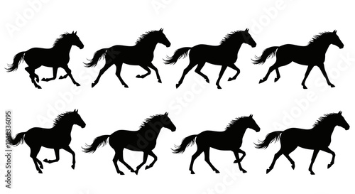 Eight Black Horse Silhouettes Running In Row On White Background
