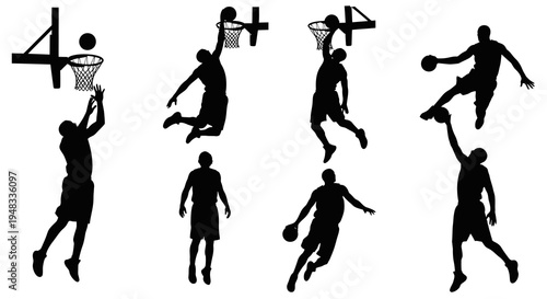 Basketball Players Silhouettes Dunking and Playing Court Black and White Vector Art