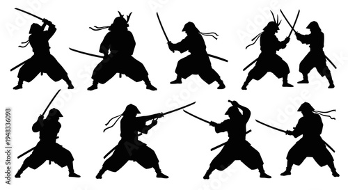 Samurai Warriors Fighting With Swords Silhouette Art