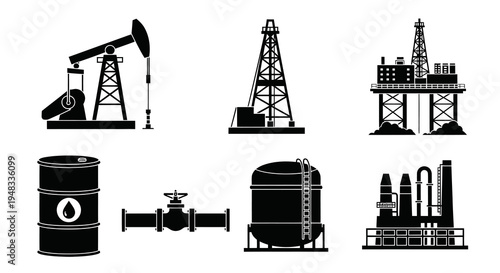 Black and White Icons of Oil and Gas Industry Equipment