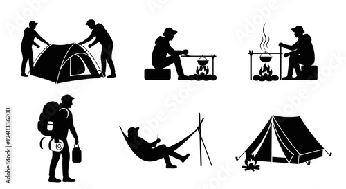 Camping and Hiking Silhouettes: Set of Outdoor Activity Icons