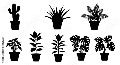 Silhouette Collection of Potted Houseplants - Black and White Vector Art
