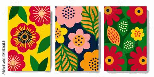 A vibrant triptych of stylized floral patterns in bold colors