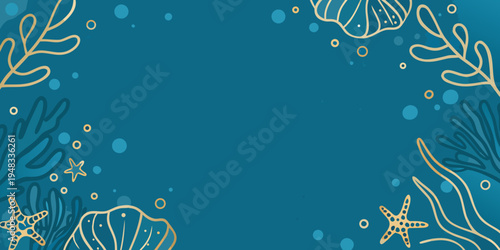 An illustrated underwater scene with coral shells and marine life