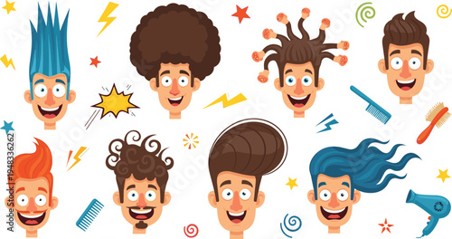Funny Cartoon Men Hairstyles Set with Afro, Spiky, Curly and Crazy Hair Styles with Comb and Hairdryer for Barbershop Humor Illustration