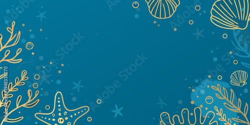 Aesthetic teal background with golden marine life illustrations