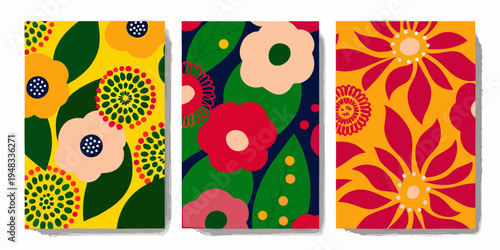 Three vibrant panels displaying bold retro floral patterns and shapes