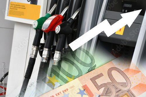 Gas pumps at a gas station with euro banknotes. Rising prices. Concept of rising gasoline and diesel prices due to the war in the Middle East.