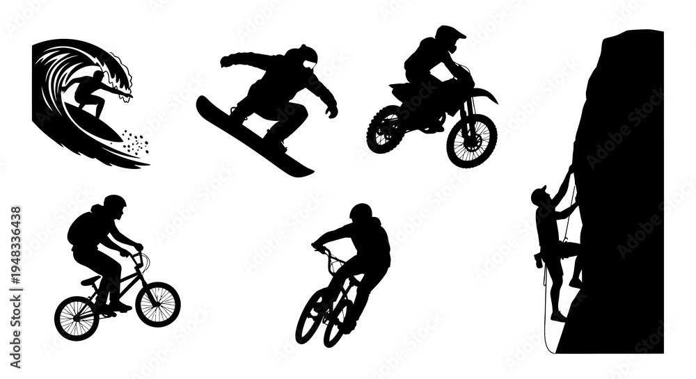 Fototapeta premium Black White Silhouette of Extreme Sports Athletes on White Background