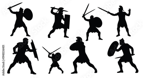 Black Silhouette Warriors with Swords and Shields Fighting, Ancient Battle Art