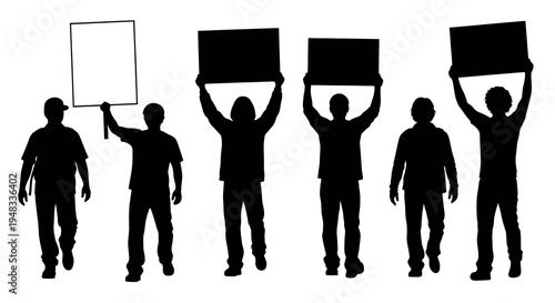 Silhouette of protestors holding signs for social issues, demonstration, protest.