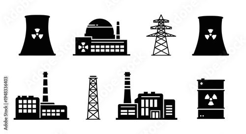 Nuclear Power Plant Icons: Cooling Tower, Reactor, Chimney, Barrel, Electricity Tower