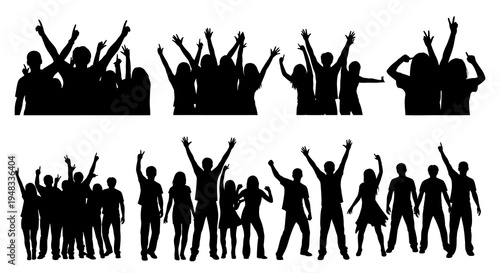 Black Silhouette Crowd Cheering Dancing Party People Raising Hands Vector