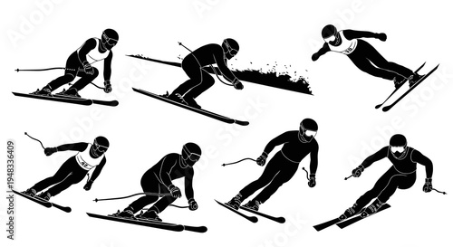 Black  White Silhouettes of Skiers in Action, Sports Vector Art