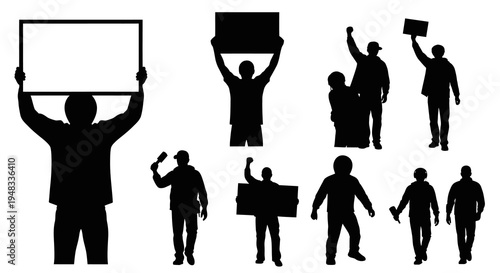 Silhouette of Protesters Holding Signs, Activism Vector Art