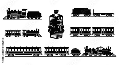 Black and White Silhouette of Vintage Steam Trains and Carriages