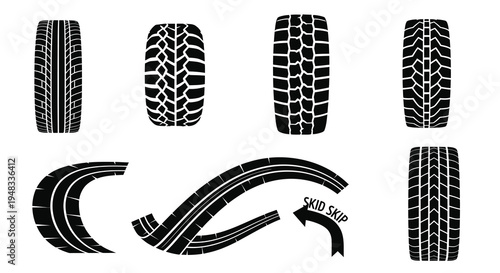 Black  White Vector Icons of Tire Treads and Tracks